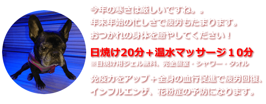 年末年始おつかれさまキャンペーン、今年の冬は厳しい寒さが続きますね。。日光浴できない分、ビタミンDも不足している冬、年末年始の忙しさで疲労もたまります。アッシュ日焼けで、免疫力をアップ！温水マッサージで、こころとからだを癒やします。日焼け20分＋温水マッサージ１0分、※日焼け用ジェル無料、完全個室・シャワー・タオル